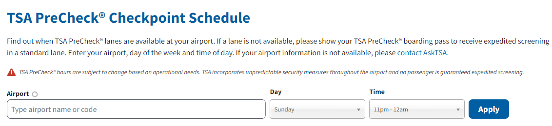 TSA Precheck Checkpoint Schedule