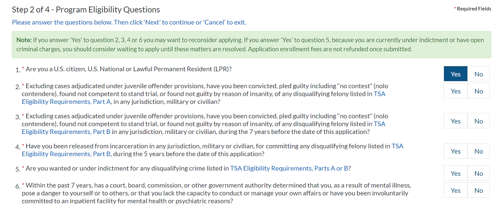 TSA Precheck Application step 2 eligibility question
