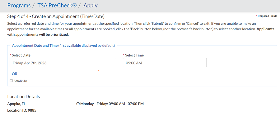 TSA Precheck Application step 3 appointment booking slot
